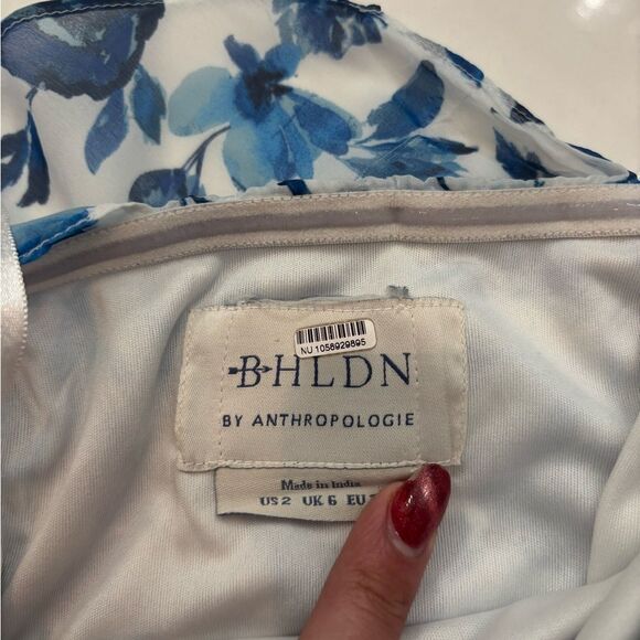 BHLDN Anthropologie Jia Bias-Cut Ruffled Blue Floral Strapless Dress SZ XS EUC - Picture 7 of 9